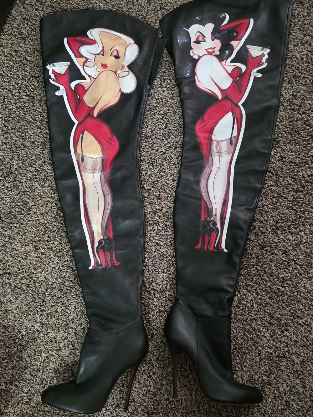 Christian Louboutin Black Over-the-Knee Boots with Red Pinup Motif